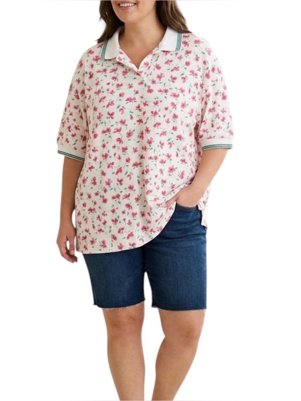 NWT Vintage 80s BonWorth White Pink Floral Polo Shirt Green XL Relax Fit
